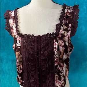 Red Ruffled Fitted Blouse with Lace Accents